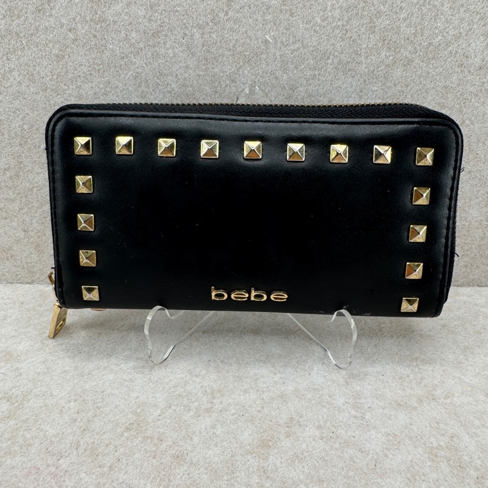 Bebe Wallet Zip Around Black Gold Studded Faux Leather Y2K Edgy Glam 2000s Goth